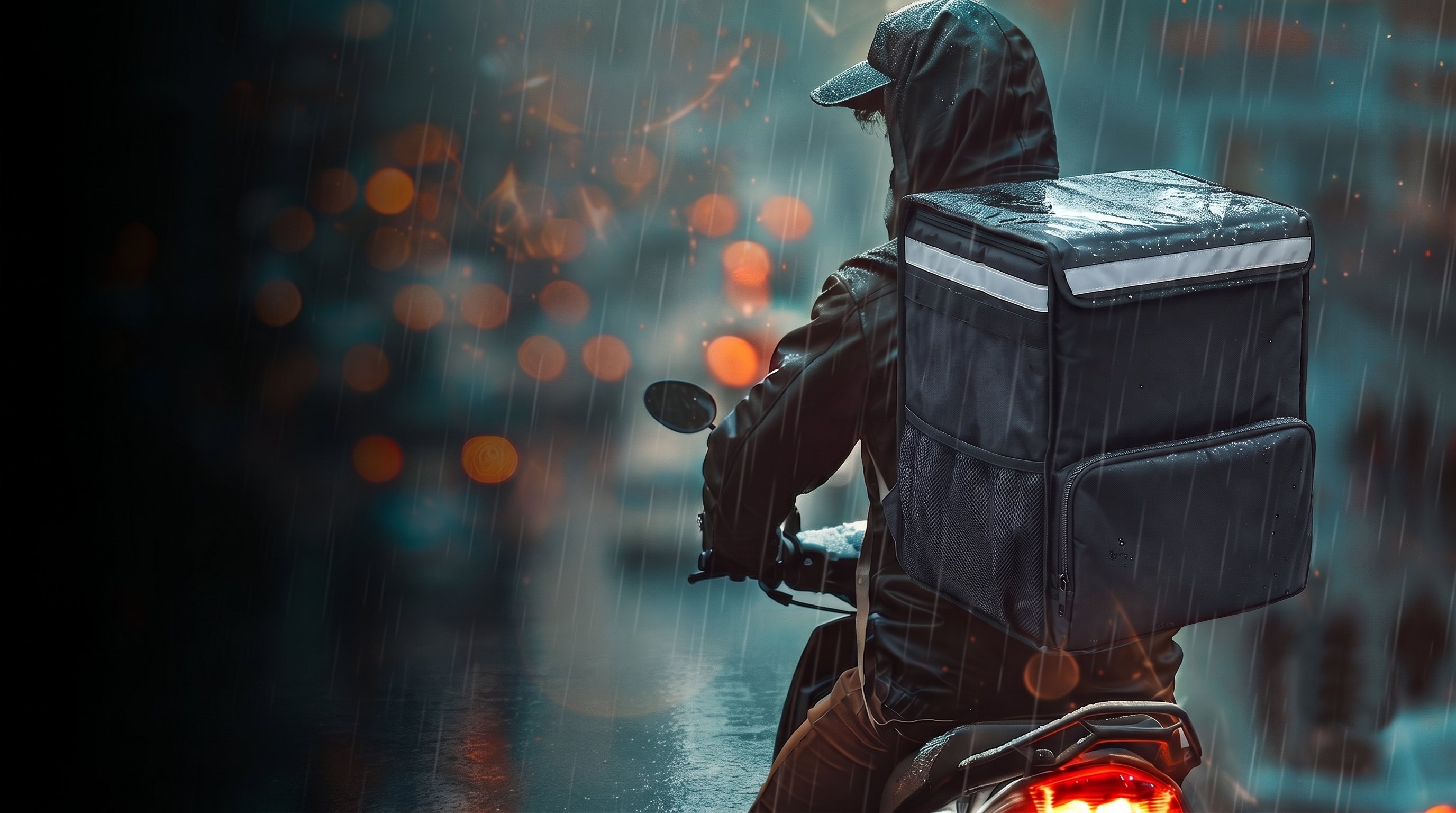 Repartidor avanzando bajo la lluvia — constancia y esfuerzo
